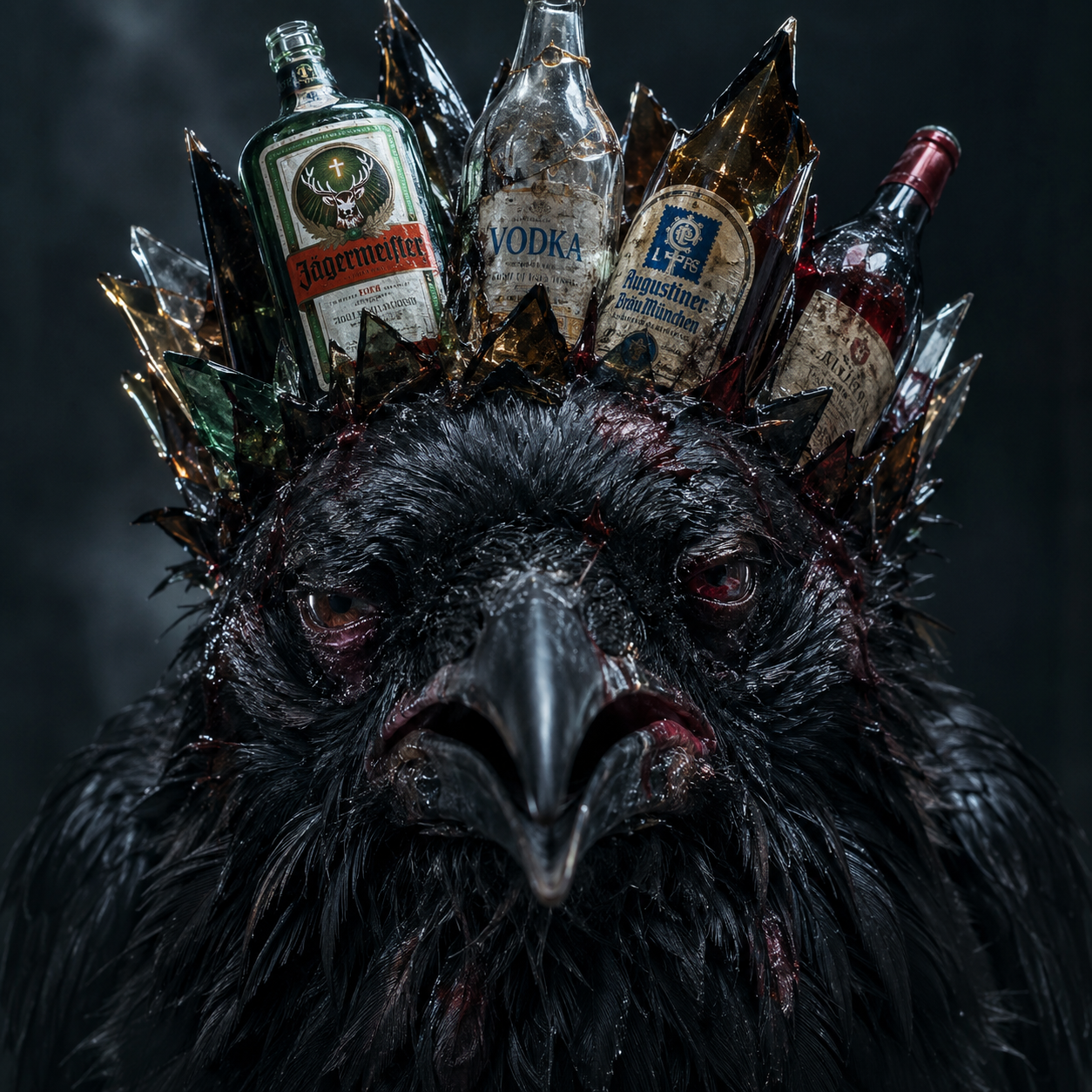 Evil-Crow-Raben-Artwork mit Krone aus Glas und Flaschen