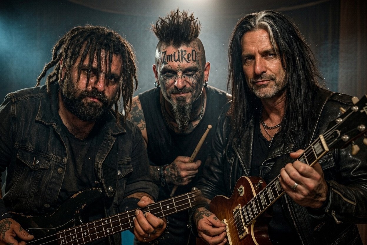 Fiktionalisiertes Evil-Crow-Bandmotiv mit Bass, Drumsticks und Gitarre